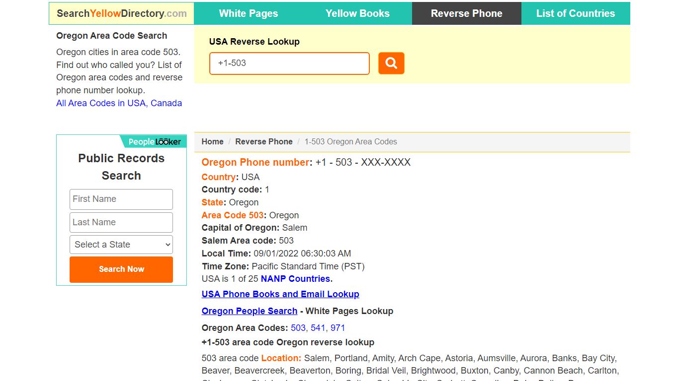 Oregon Area Code 503 Reverse Phone Number Lookup