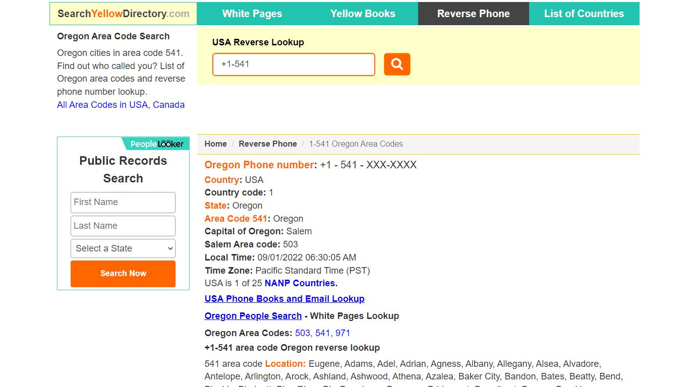 Oregon Area Code 541 Reverse Phone Number Lookup